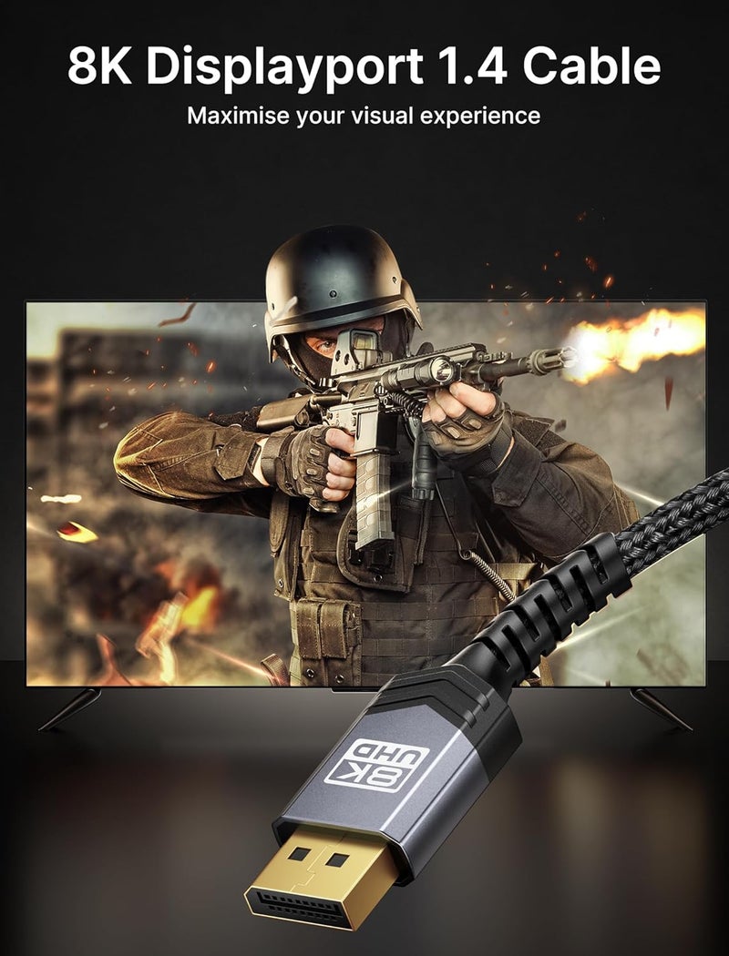 jsaux كابل DisplayPort 1.4 بطول 3.3 قدم | كابل DP عالي السرعة بدقة 8K | 8K@60Hz، 4K@144Hz، 2K@240Hz، HDR 10، 32.4Gbps، متوافق مع FreeSync، G-Sync، شاشة الألعاب، كمبيوتر - رمادي - Image 2